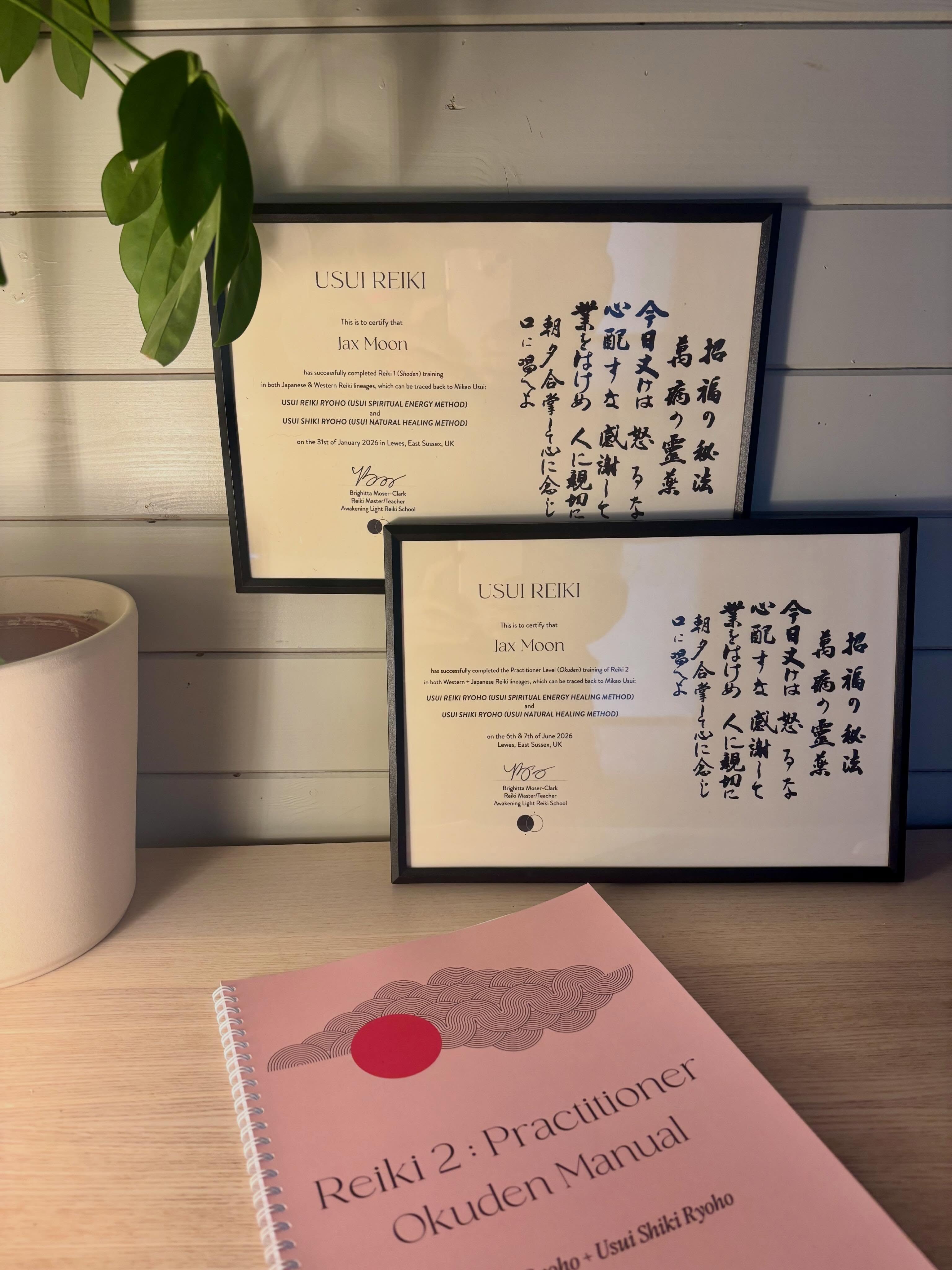 Jax Moon's Usui Reiki certificates